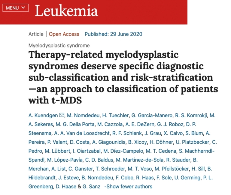 New classification and prognosis of Secondary Myelodysplastic Syndromes published in Leukemia